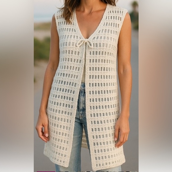 Hand Crafted Jackets & Blazers - BOHO LONG WHITE OPEN CROCHETED VEST COUNTRY CONCERTS COASTAL COWGIRL SIZE S M L